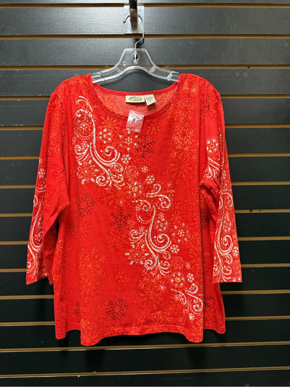 Collections Etc Red Snowflake Sequin Christmas Top XL